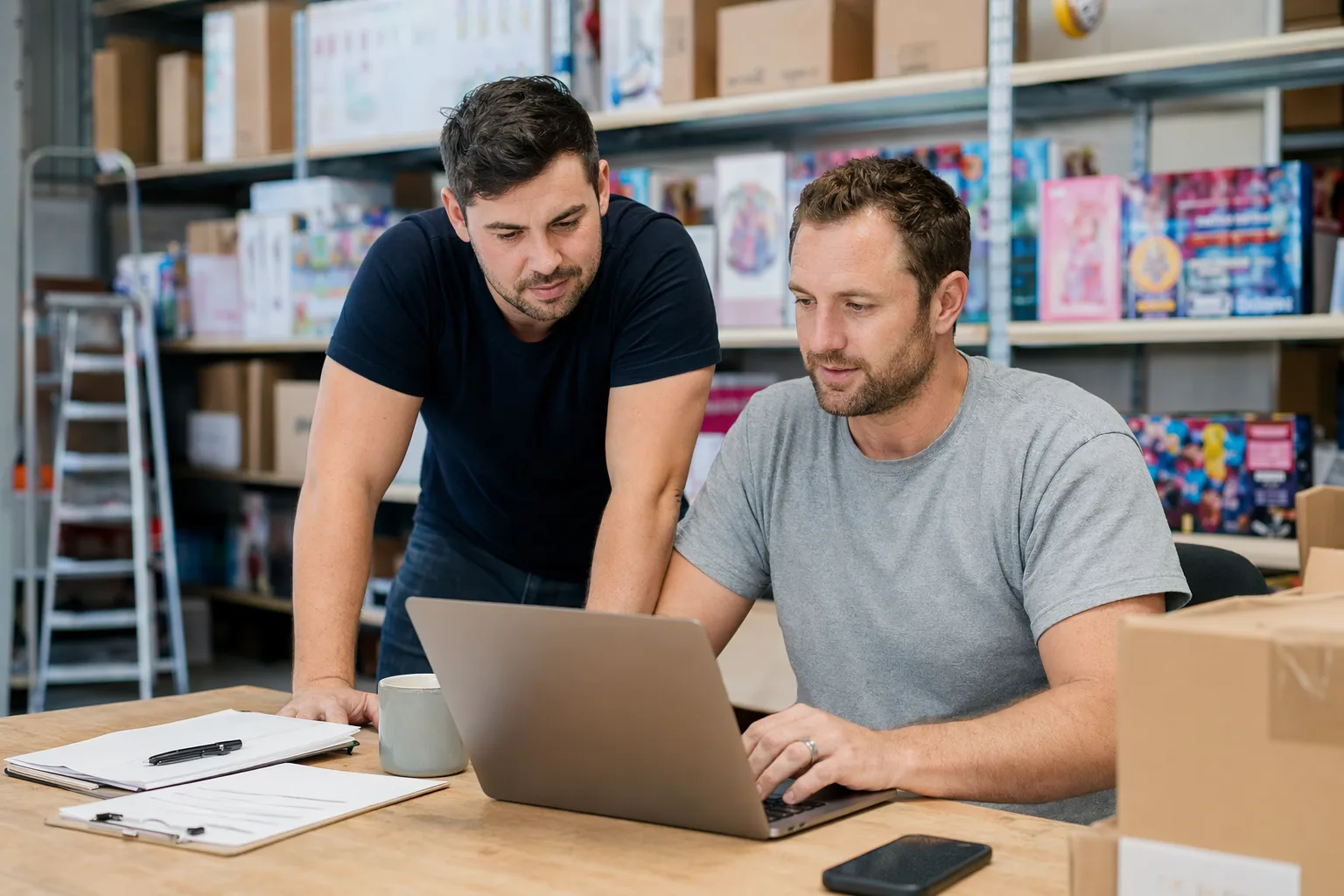 Small business team reviewing an online toy store on a laptop, with product notes and packaging on the desk, reflecting practical NZ ecommerce planning.