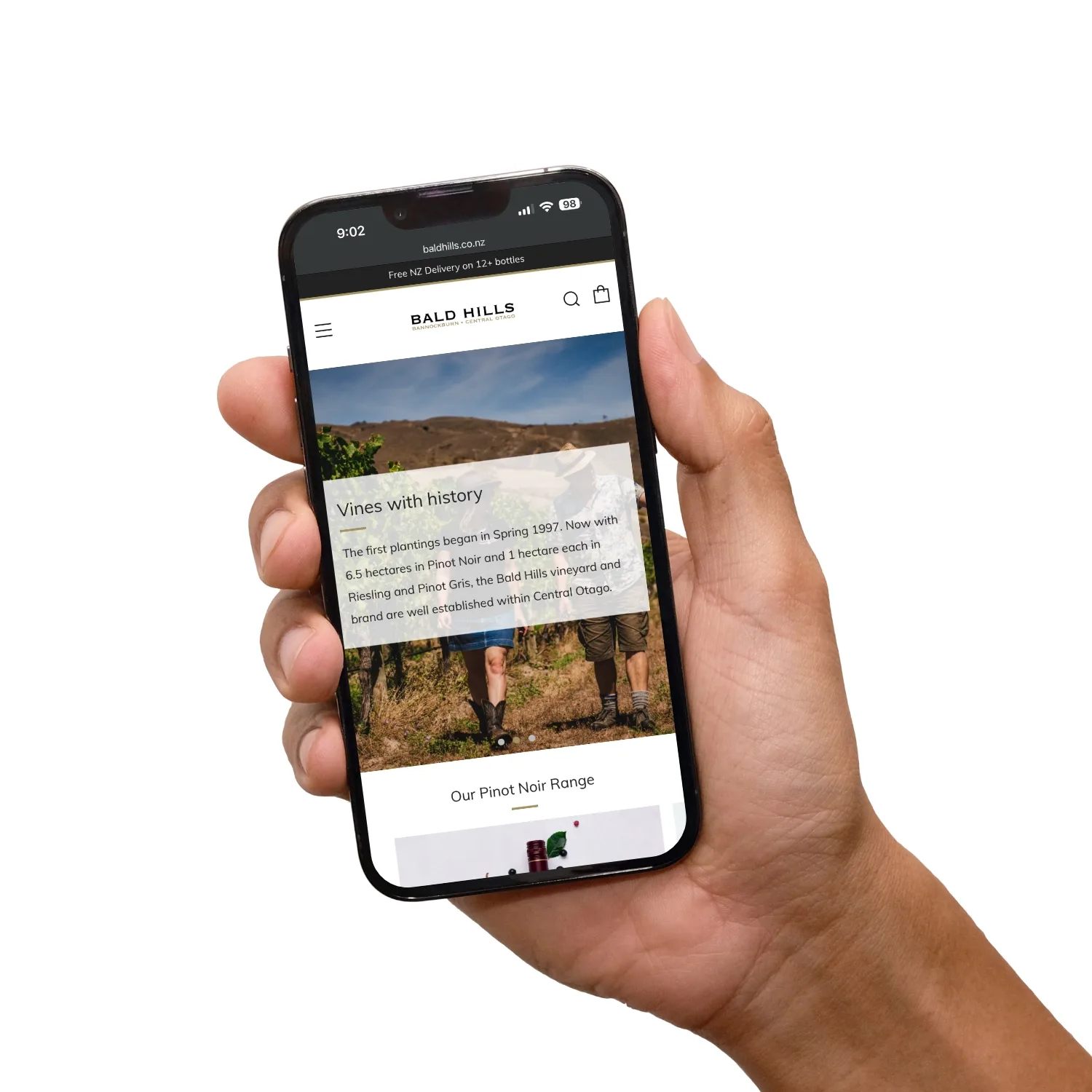 Hand holding mobile phone with website.