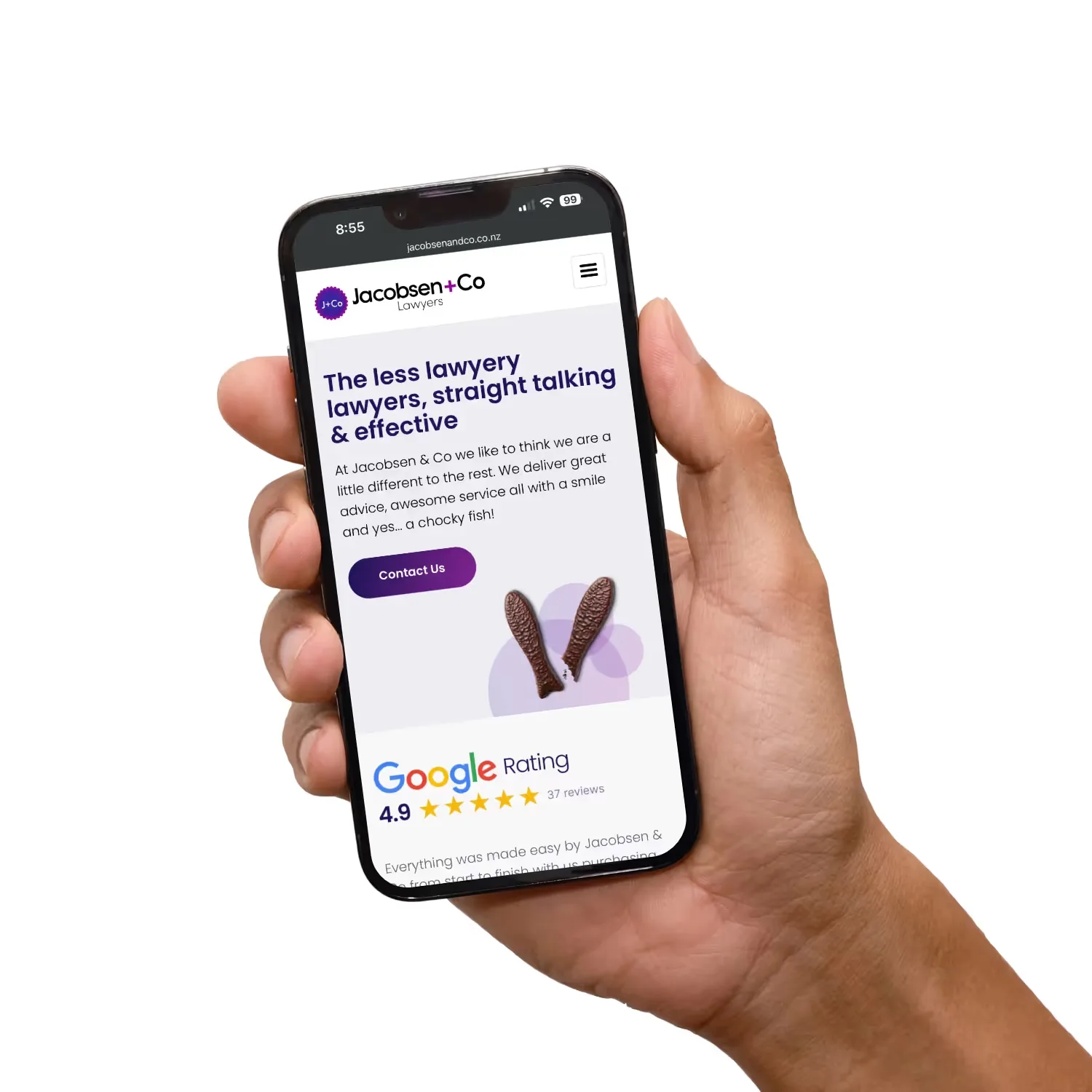 Hand holding mobile phone with Jacobsen website.