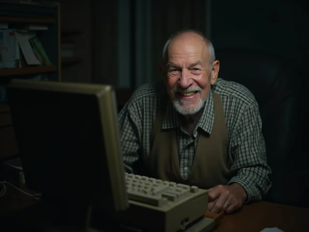 Old man in dark room using old computer.
