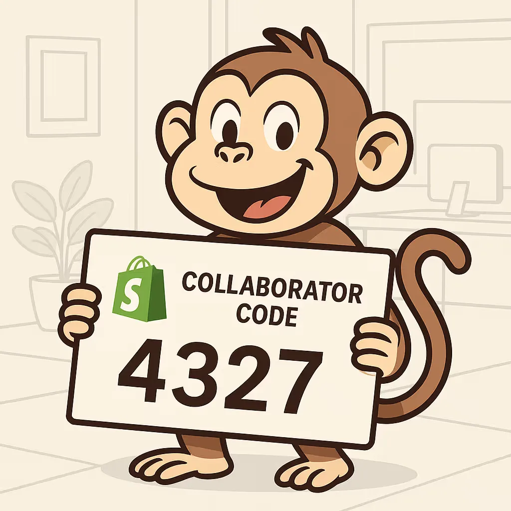 Monkey mascot holding a Shopify collaborator code sign