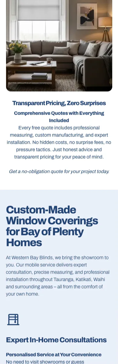 Western Bay Blinds mobile homepage screenshot