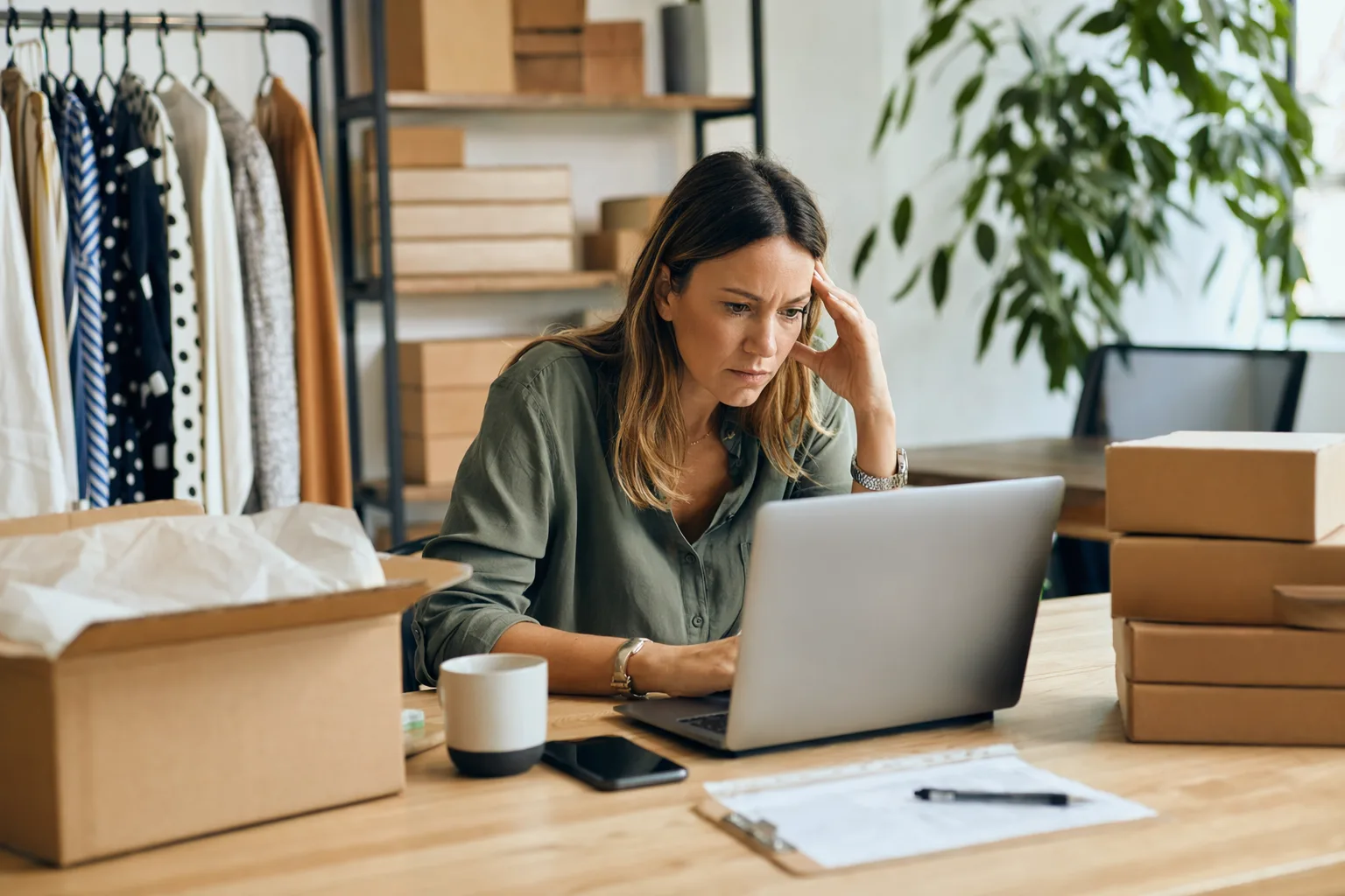 Small business owner reviewing an online shop on laptop and phone, planning how to avoid common ecommerce mistakes before launching