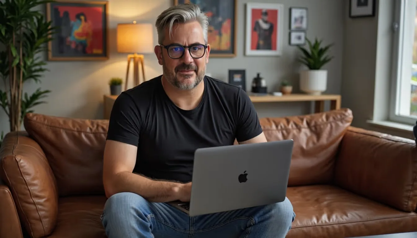 Man sitting on brown leather couch with laptop.