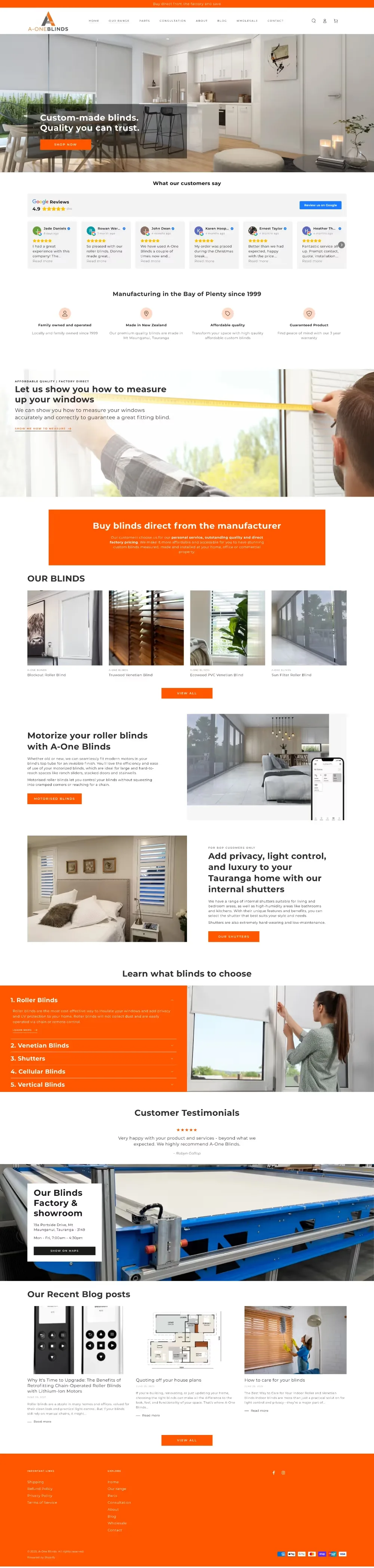 A One Blinds website on a MacBook.