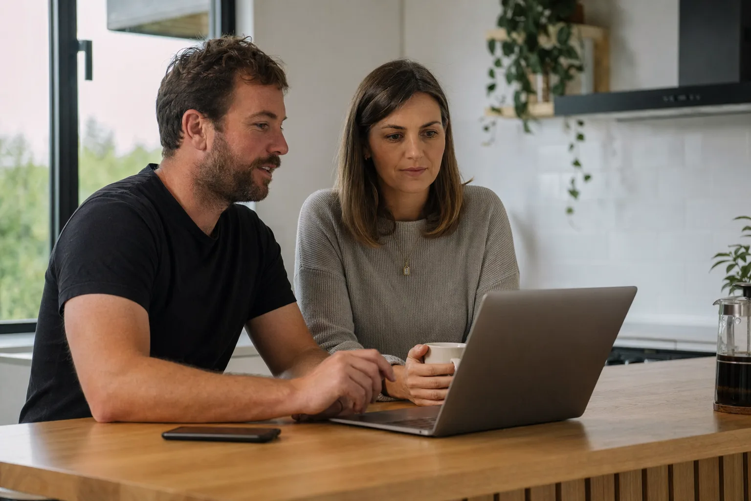 Husband and wife at a breakfast counter reviewing their ecommerce homepage on a laptop, discussing ways to improve product visibility and sales