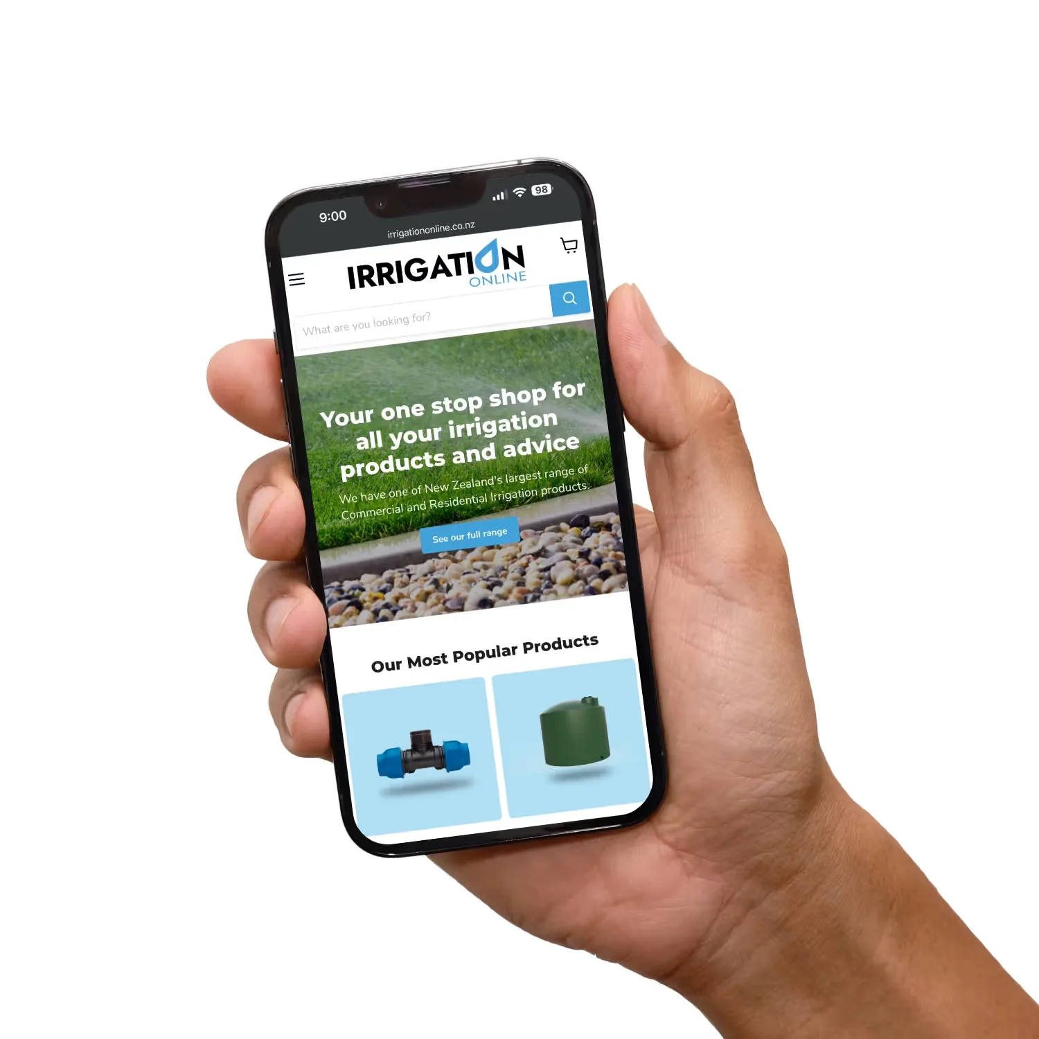 Hand holding mobile phone with website.