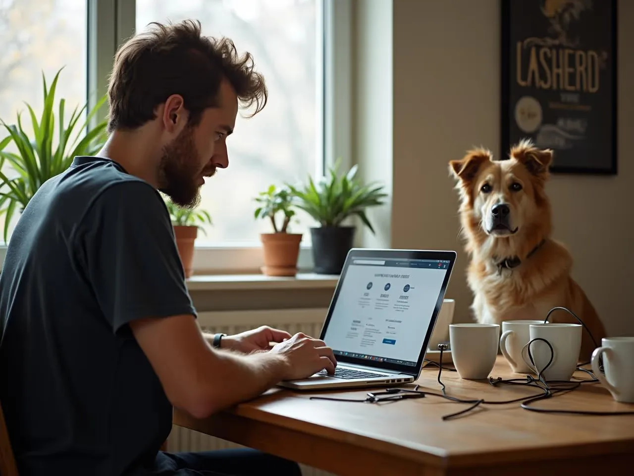 Man at desk with laptop, dog watching.
