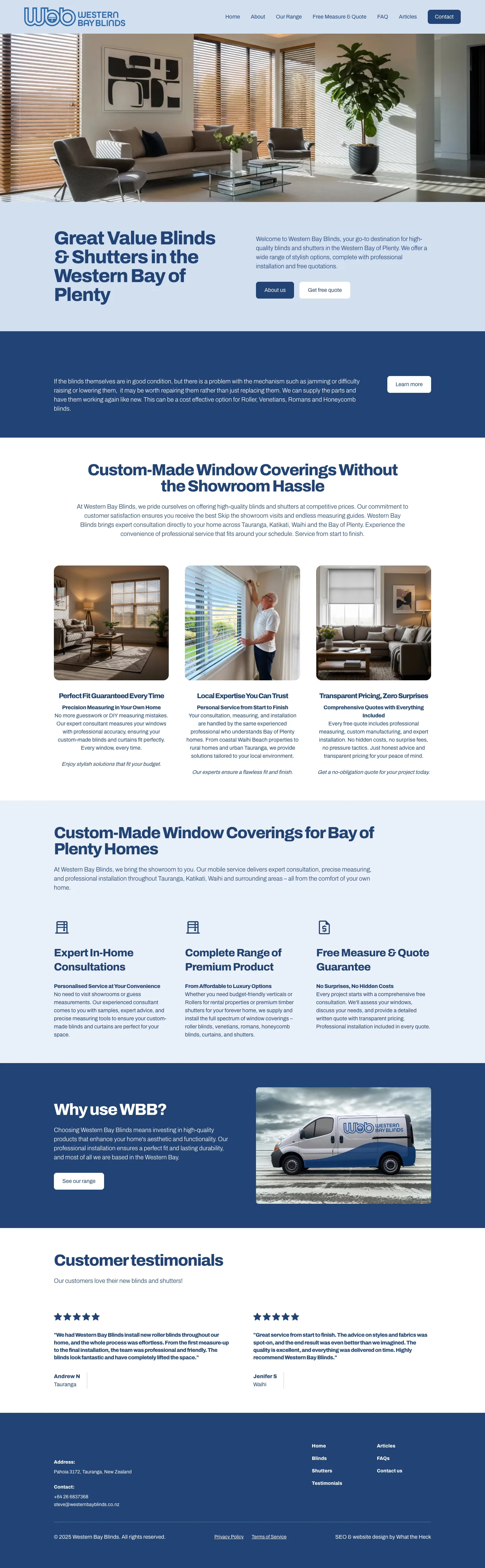 Western Bay Blinds homepage full page website screenshot