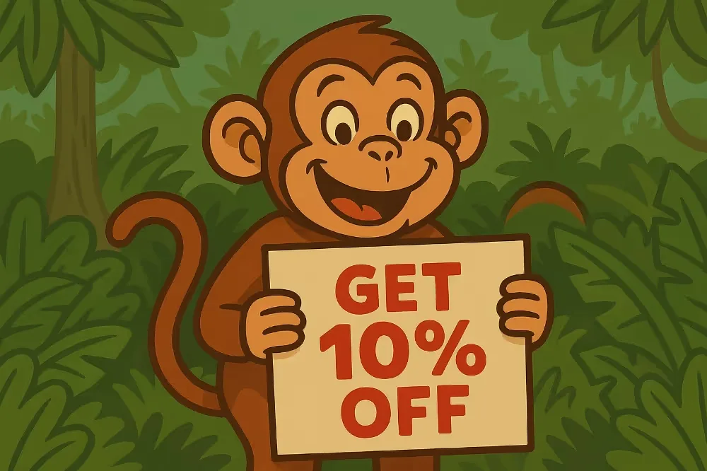 Monkey holding sign saying "Get 10% off"