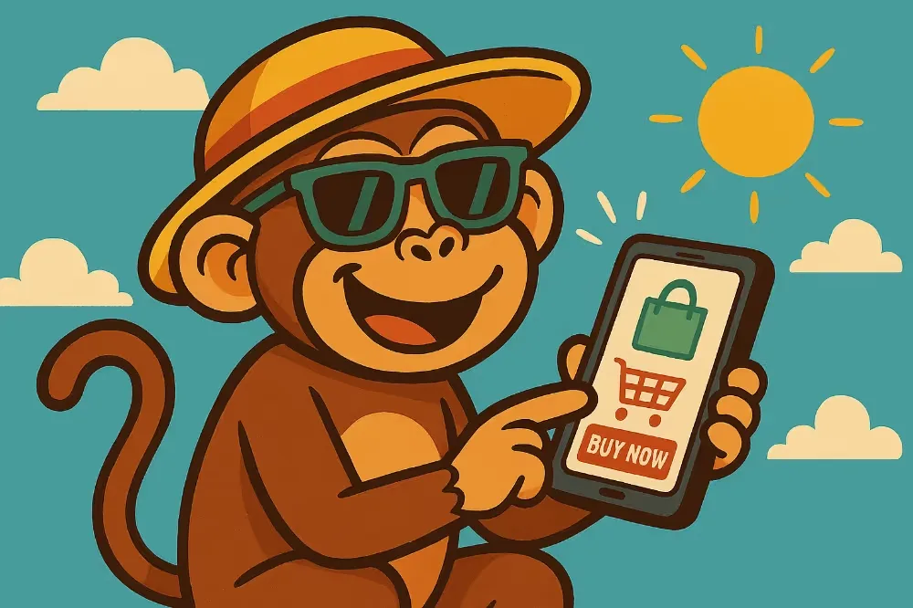 Monkey on cell phone about to click on "Buy Now".