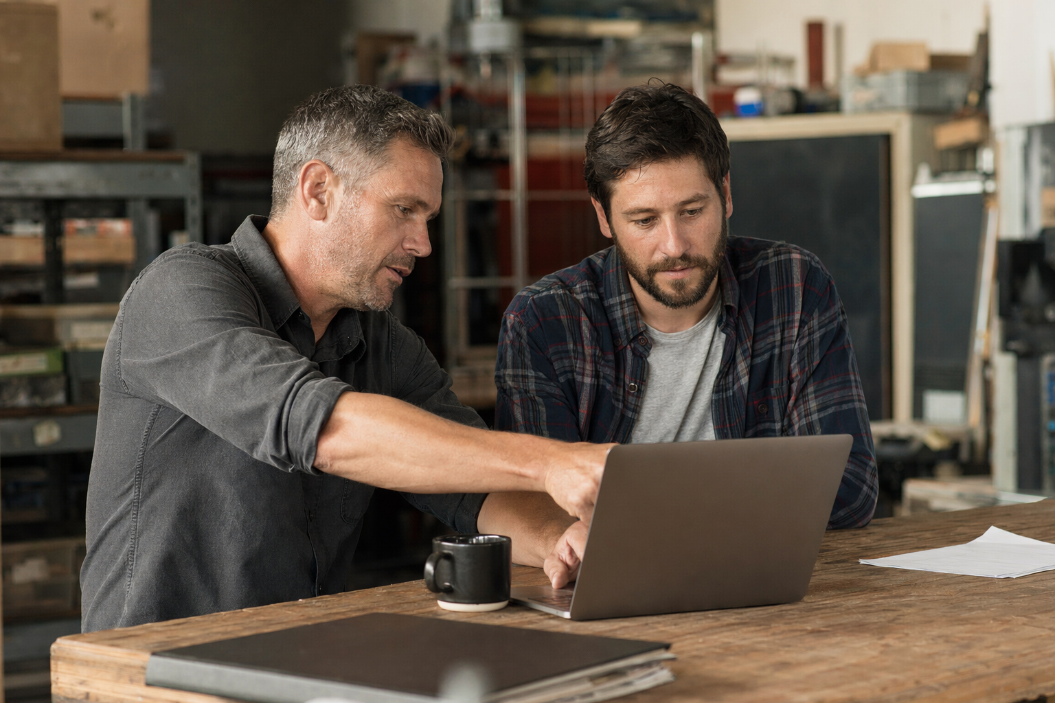 Two small business owners reviewing a website layout on laptop and mobile in a bright office, reflecting practical web design planning for growth.