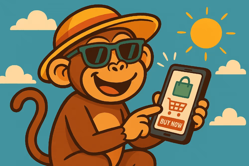 Monkey on cell phone about to click on "Buy Now".