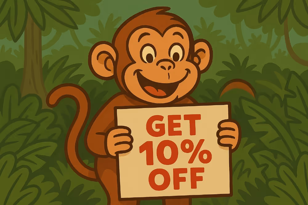 Monkey holding sign saying "Get 10% off"