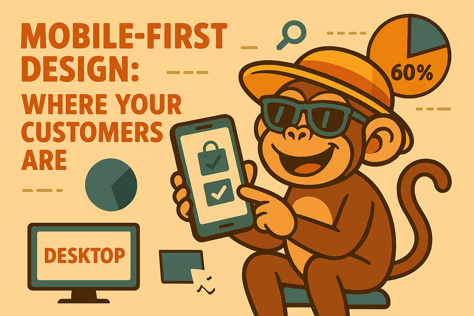 Cartoon monkey with a cell phone in its hand wearing sunglasses and a hat. 