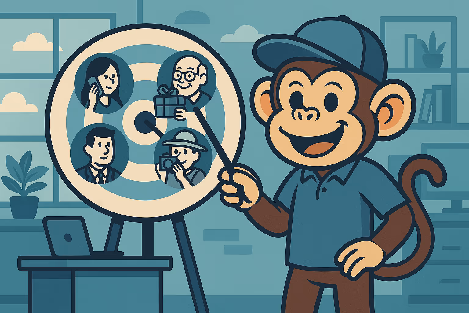 Monkey pointing at customer avatar images. 
