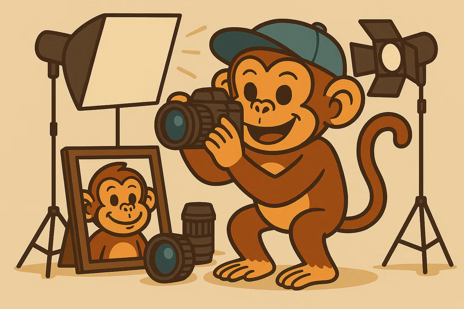 Monkey in a photography studio taking photos. 