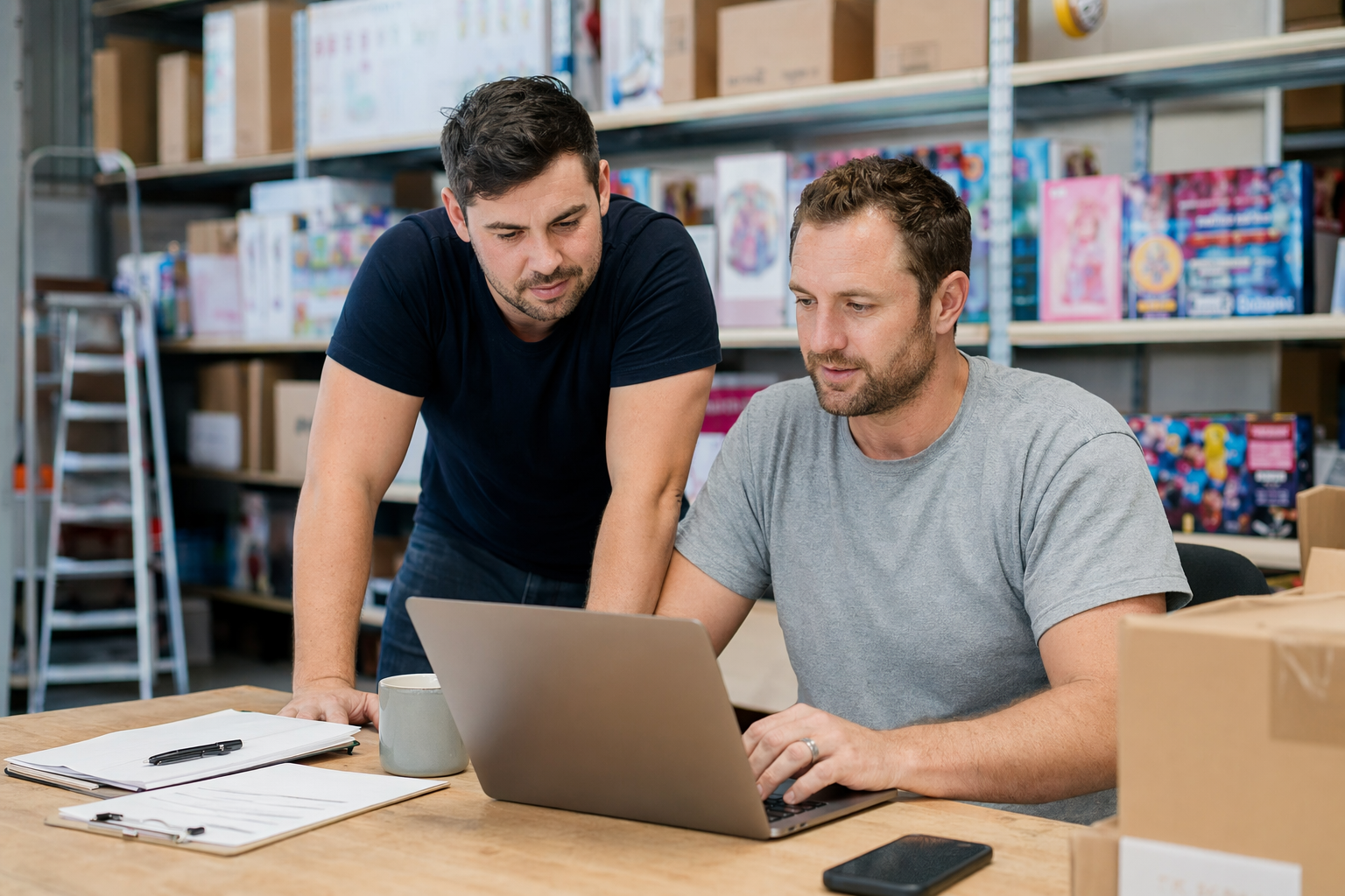 Small business team reviewing an online toy store on a laptop, with product notes and packaging on the desk, reflecting practical NZ ecommerce planning.