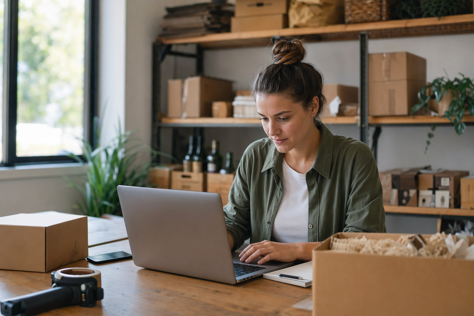 Small business owner setting up an online shop on a laptop with product notes and a phone nearby, reflecting Shopify store setup in NZ.