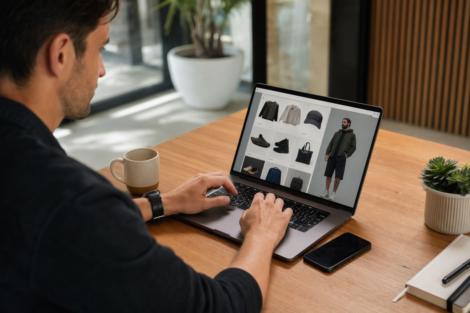Small business owner comparing ecommerce options on a laptop at a tidy desk, reflecting Shopify vs WooCommerce for sales, SEO and day-to-day management