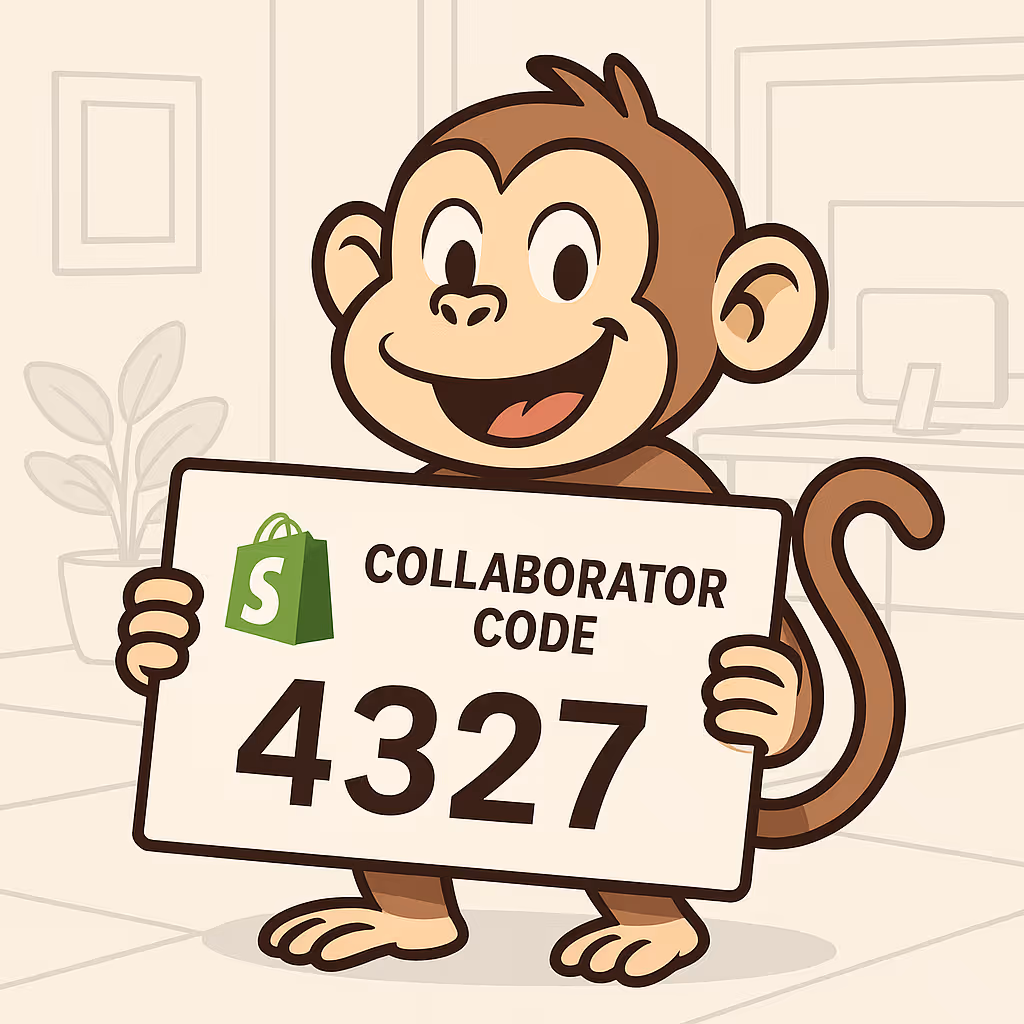 Monkey mascot holding a Shopify collaborator code sign