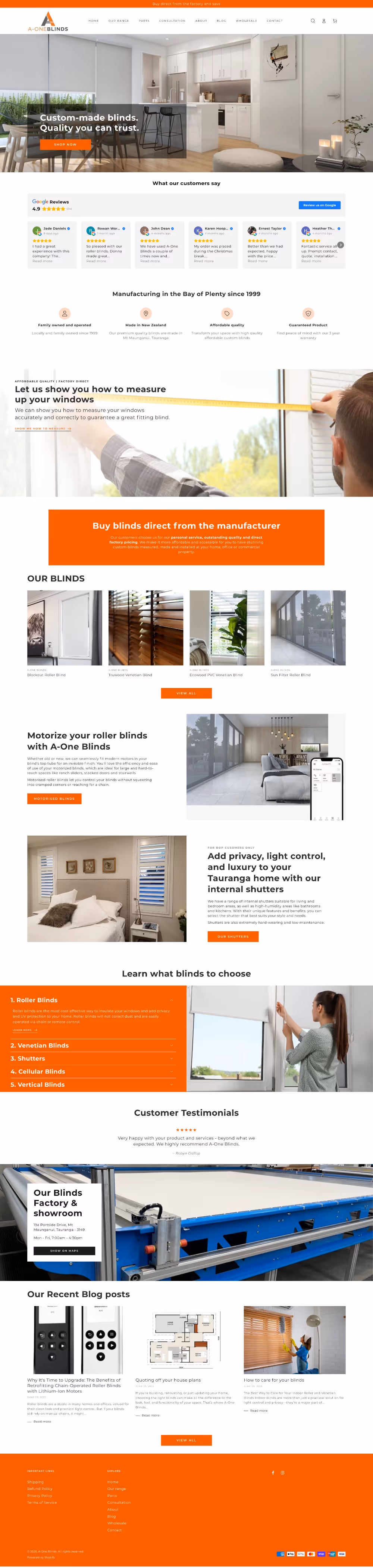 A One Blinds website on a MacBook.